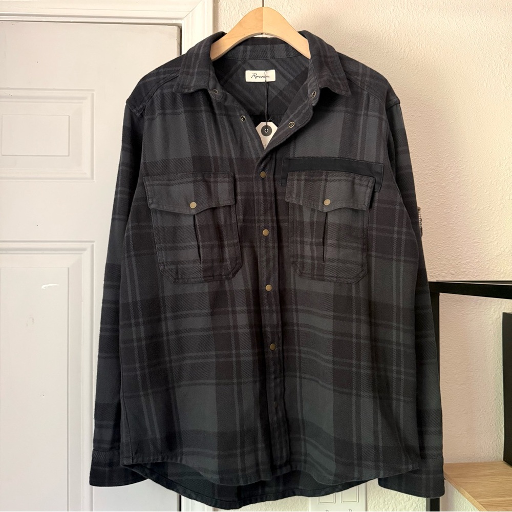 NWT ROWAN grey axel plaid flannel long sleeve button‎ up shirt jacket shacket